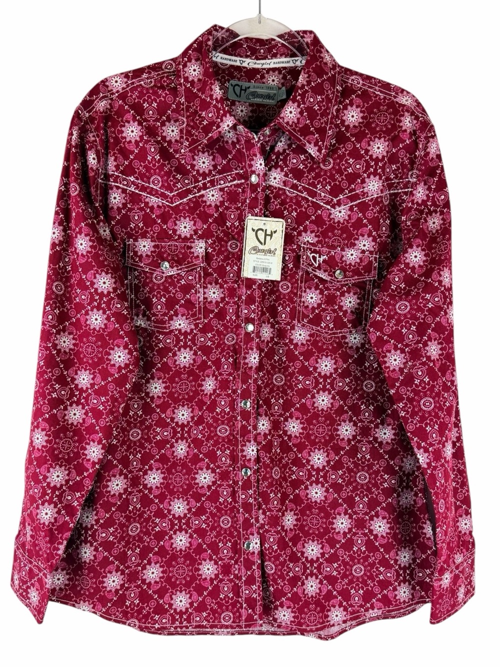 NEW Cowgirl Hardware Burgundy Bandana Long Sleeve Shirt Rhinestone Snap Sz L NWT
